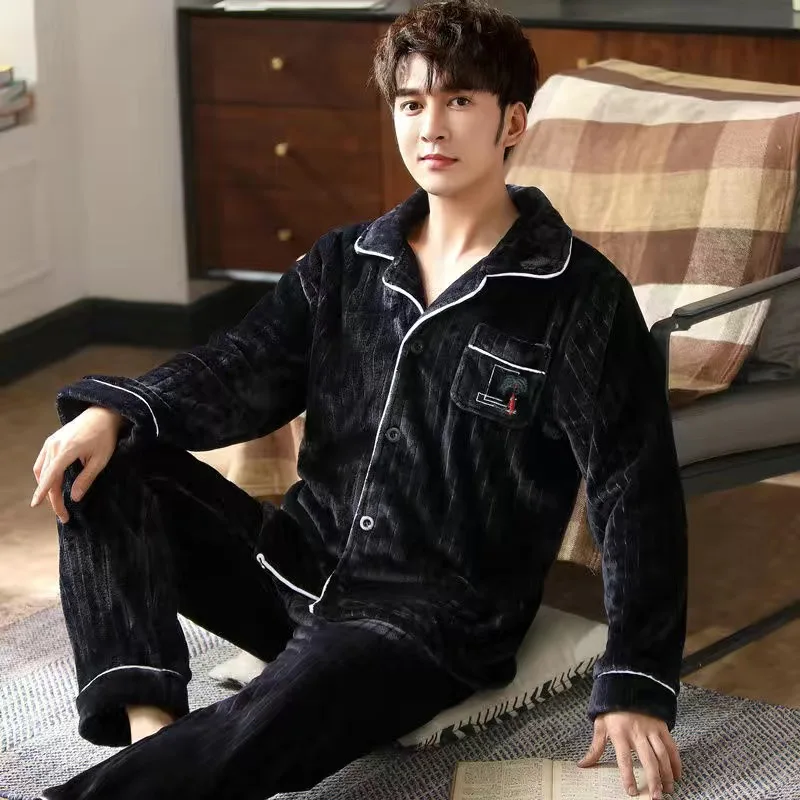 

Winter Thick Men Coral fleece Pajamas set Flannel Warm Soft pijama hombre Sleepwear Pijama Homme Nightwear Pyjamas MSJ012