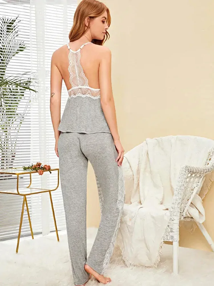 Soft modal pajama set howllow out lace sleepwear cotton nightie cute loungewear women pijama Sexy cami top long panty | Женская одежда