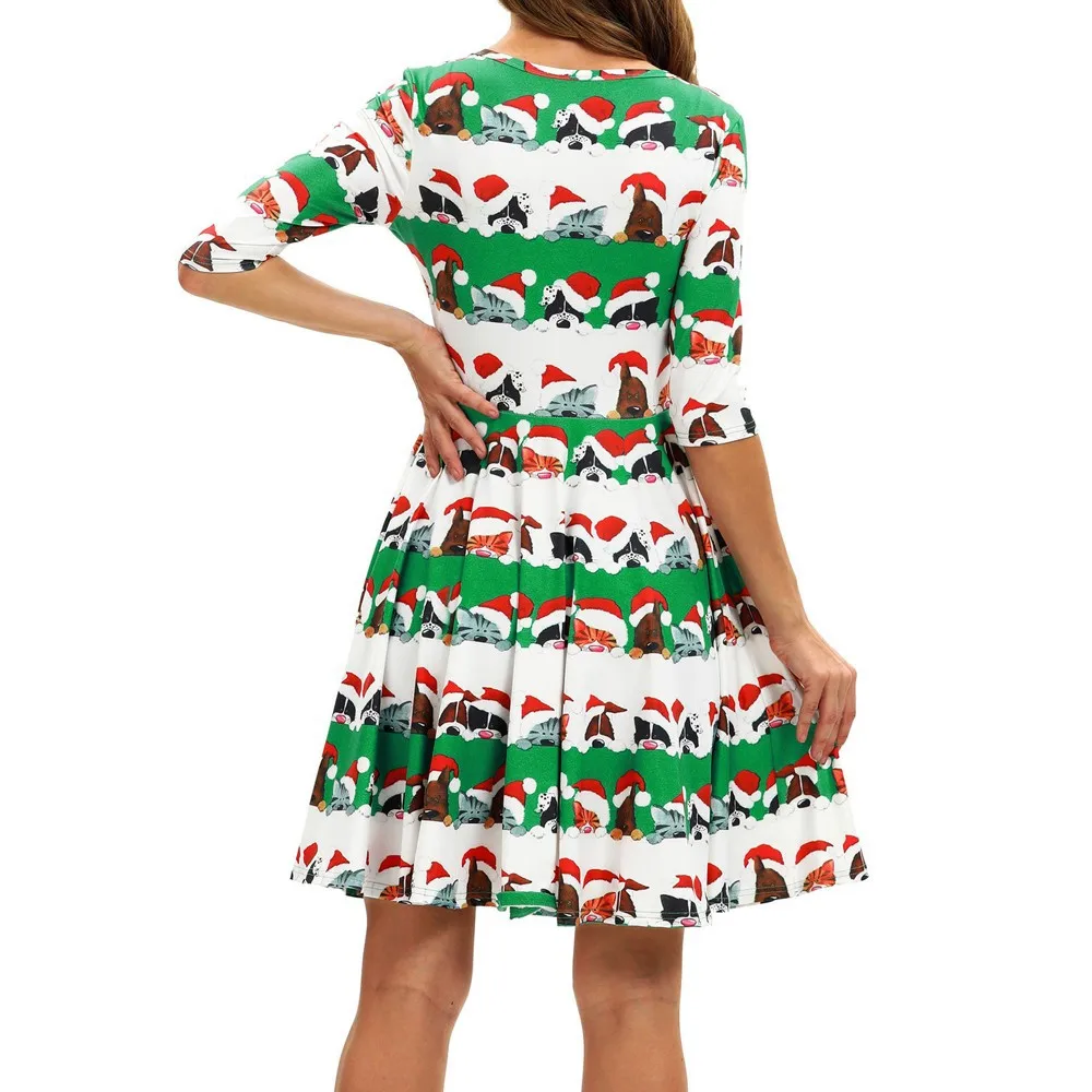 

FNOCE Cross-border Foreign Trade Digital Printing Floral Round Neck Pullover Women's slim Fashion Casual Dress