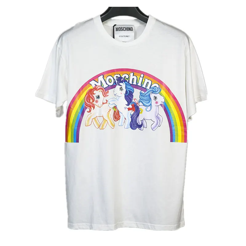 

2021 New Moschino Female T-shirt Pin Bear Rainbow Pony Short-sleeved Male Loose Mid-length Cartoon Tee