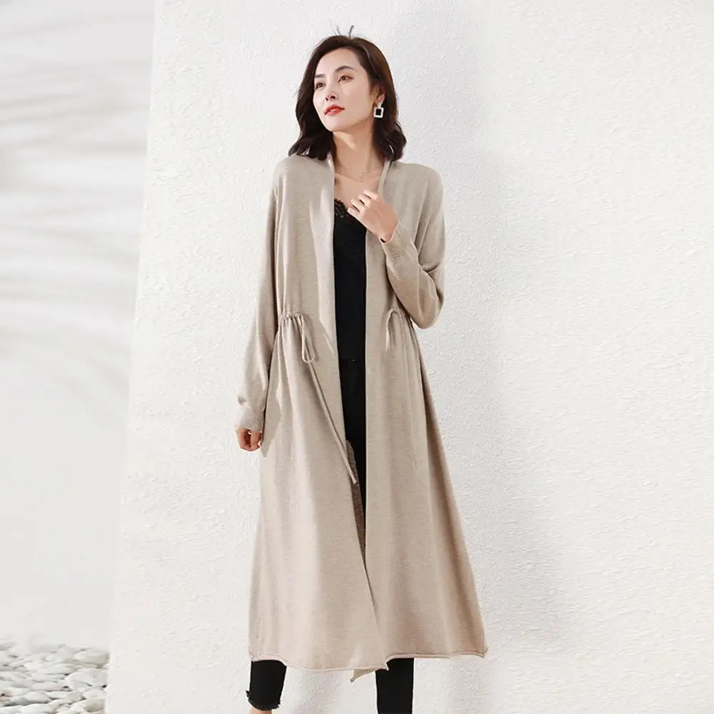 

Женский длинный кардиган свободного покроя, однотонный Свободный кардиган с отложным воротником, Осень-зима 2021