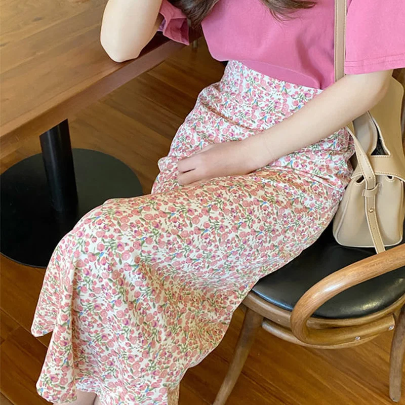 

NEW Skirts Women Floral Pink Mid-calf Korean A-line Empire Slim Elegant All-match Temperament Stylish Summer Plus Size Causal Fa