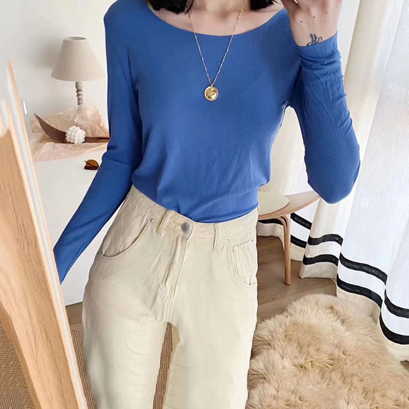 Женская хлопковая футболка однотонная эластичная повседневная с длинным