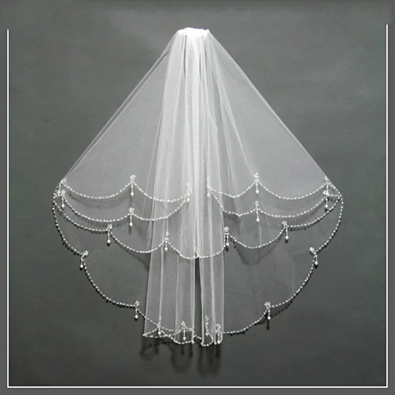 

Real photos Beading Edge Wedding Bridal Veil White Ivory Bride Veils Two Layers Elbow Length Veil