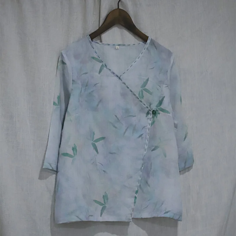 

SCUWLINEN 2020 Summer Autumn Women Blouse V-neck Bamboo Leaves Print Embroidery Three Quarter Sleeve Loose Zen Ramie Shirt P247