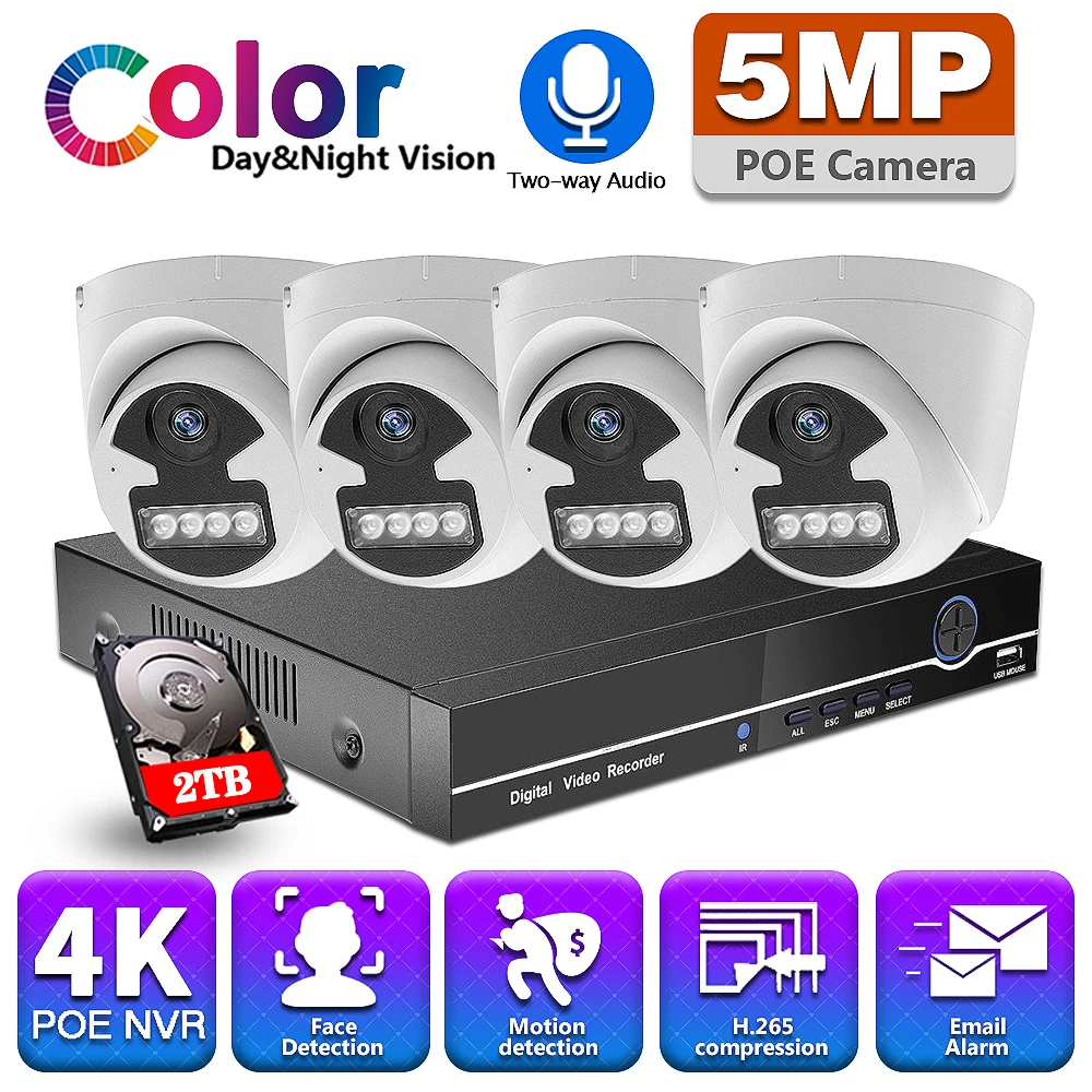

5MP IP CCTV Camera Security System Kit 4K POE 4CH NVR Indoor Two Way Audio Home Security Video Surveillance Camera System Set