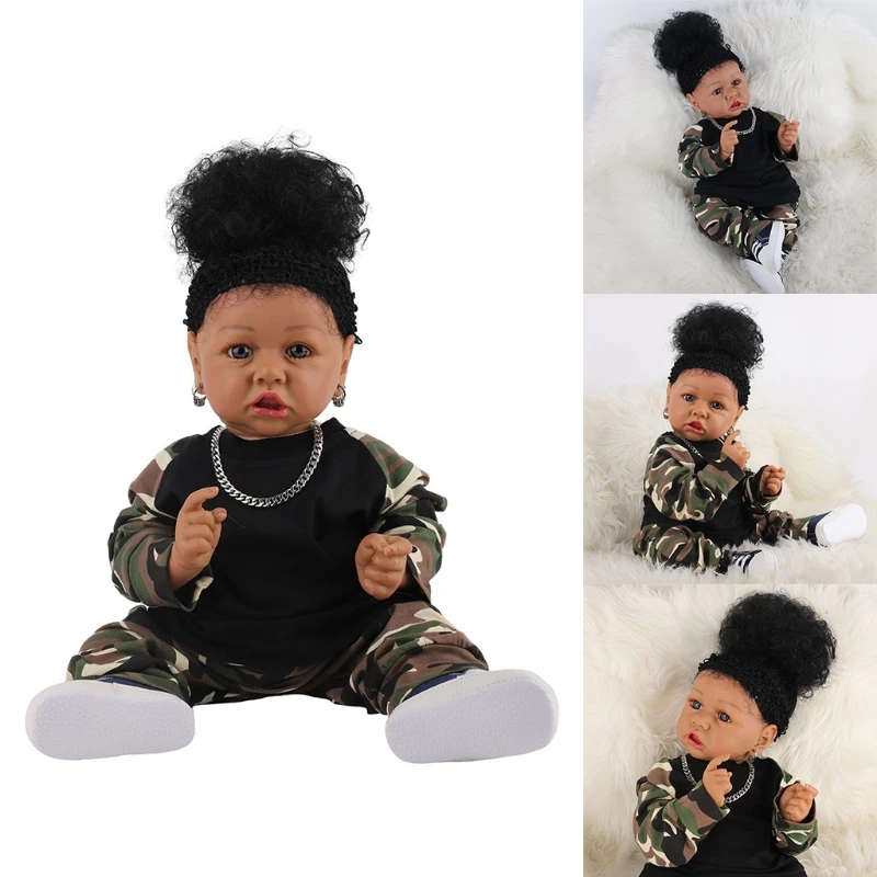 

3inch African Doll Rebirth Doll Washable Simulation Baby Silicone with Realistic Black Hair, Newborn Toddler Gift