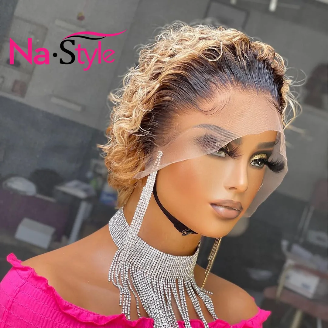 Парик из натуральных волос медовый блонд # 1B/27 стрижка Пикси Короткие парики