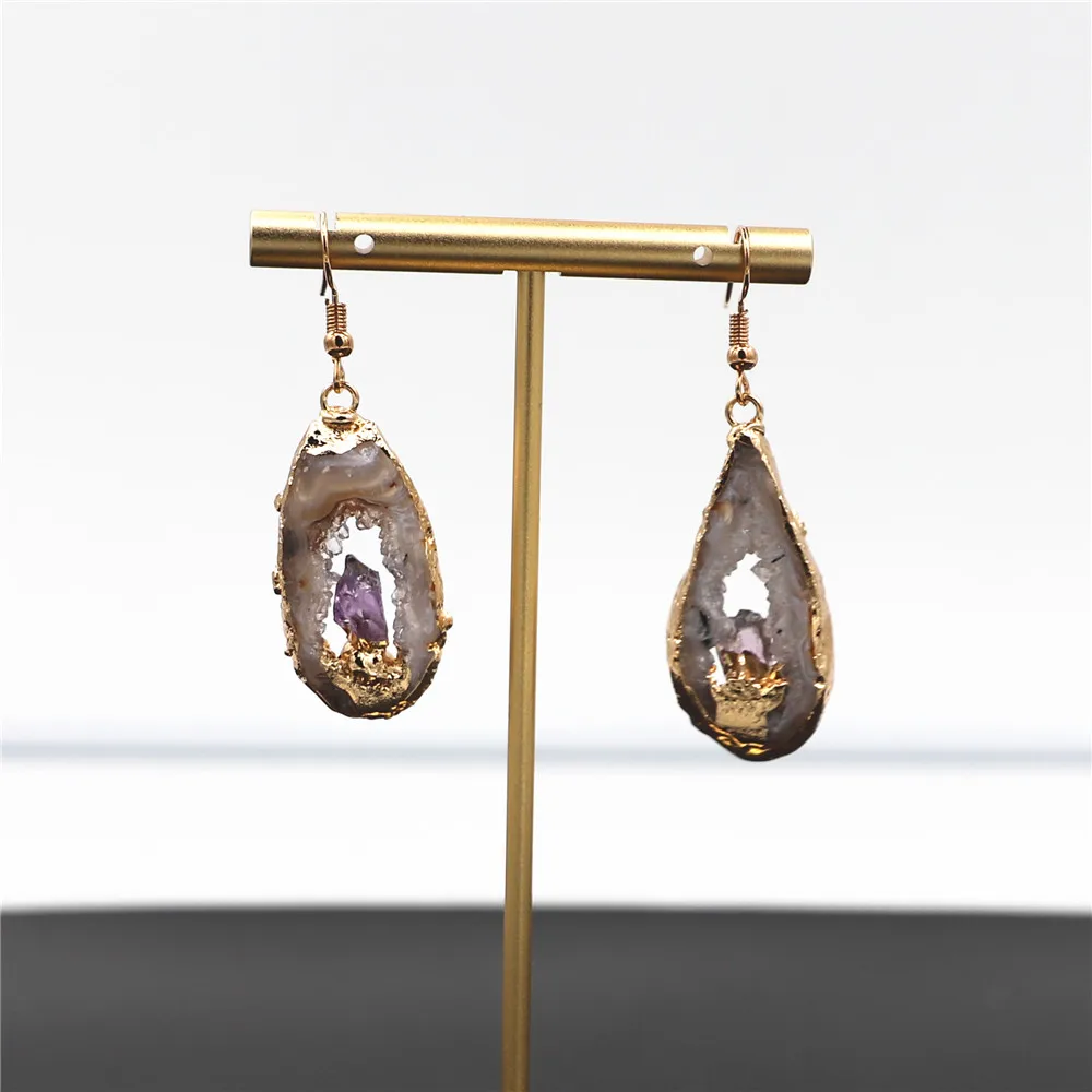 

Plated Elegant Long Earrings for WomeShinyGem Classic Irregular Natural Black BrownAgates Stone Slice Drop Earring Gold