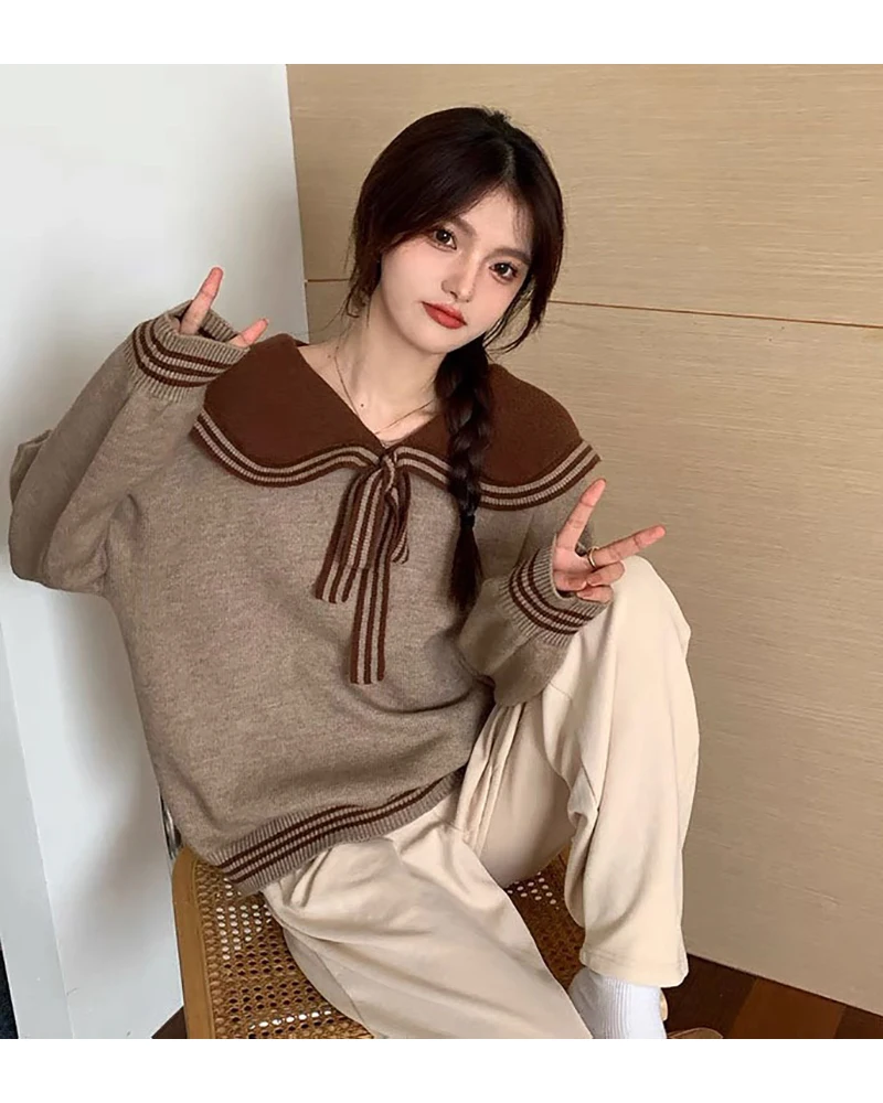 Женский трикотажный свитер с длинным рукавом Синий Свободный контрастных цветов