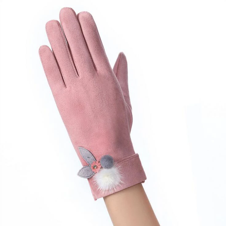 082F-pink Новые зимние теплые женские перчатки кружевные кашемировые милые варежки с медведем двойные толстые плюшевые митенки сенсорный экран для женщин перчатки для вождения - Цвет: 082F-pink