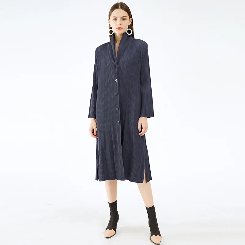 

Winter Coats For Women 45-75kg 2020 NEW Turn Down Collar Long Sleeved Single Breasted Thick Miyake Pleated Outwears Over Knees