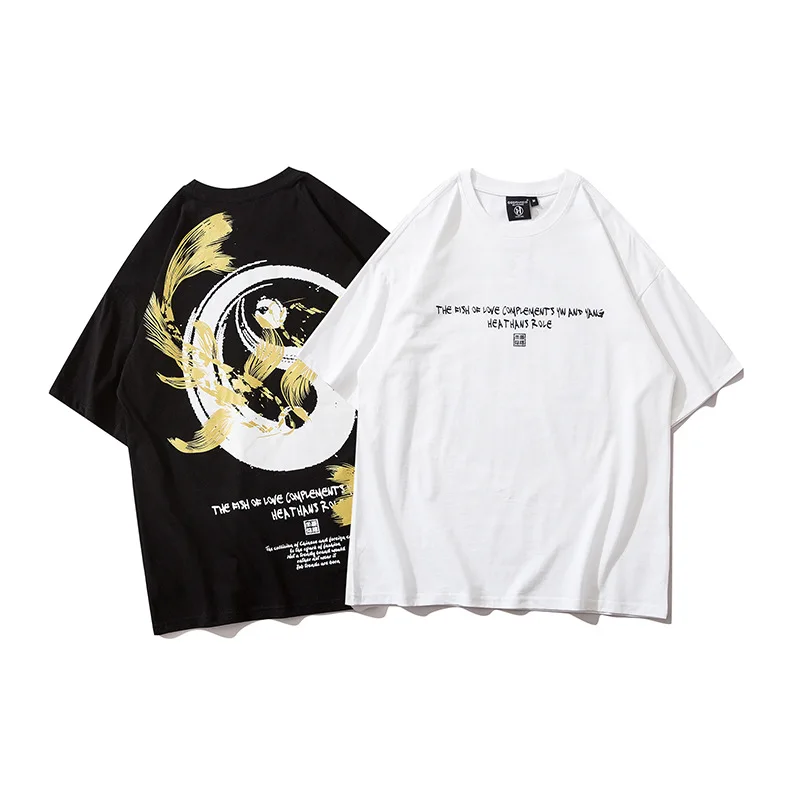 

Chinese Style Creative Tai Chi Pattern Print Short Sleeve Tees Shirts Couples Streetwear Hip Hop Casual Loose Cotton Tshirts Men