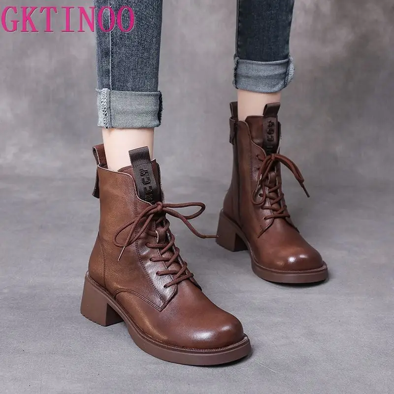 

GKTINOO Winter Boots Women Shoes Genuine Leather Zip Round Toe 2022 New Sewing Leisure Lace-up Handmade Ankle Platform Boots