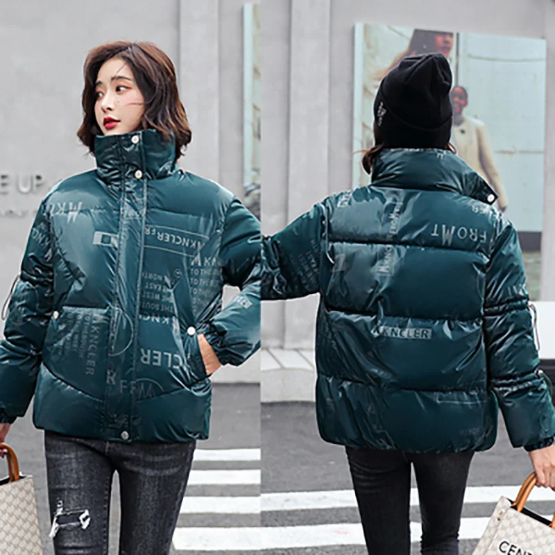 

Shiny Winter Short Jacket Letter Print Down Cotton Padded Parka Women Streetwear Fashion Thick Warm Stand Collar Bubble Coat