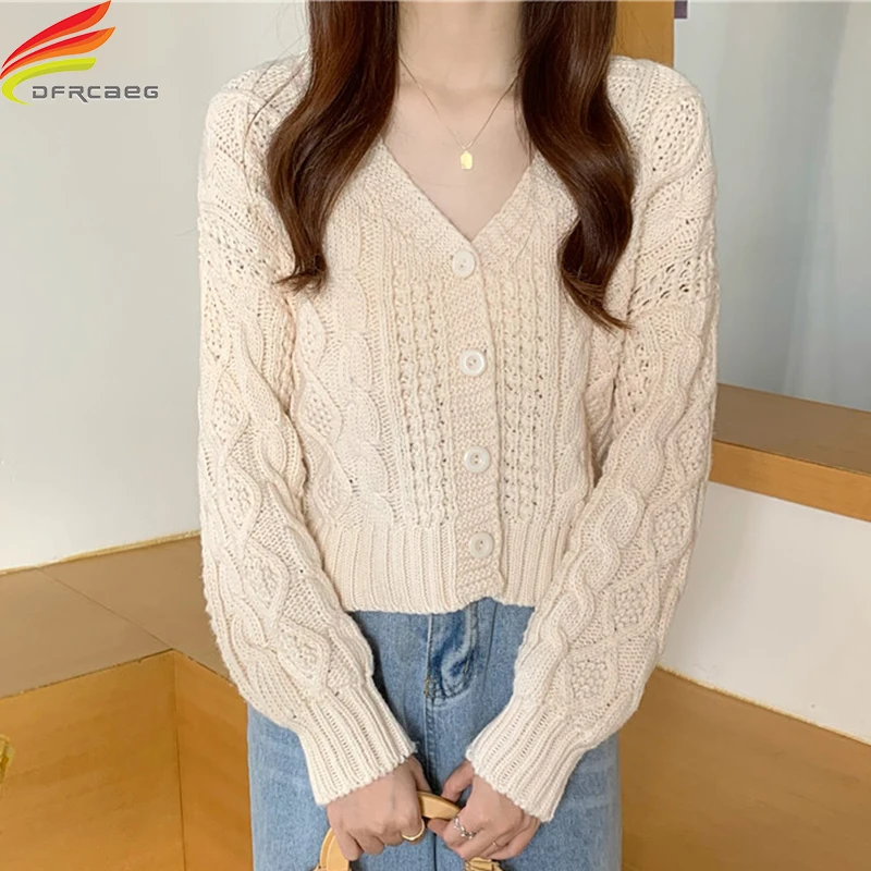 

New 2021 Autumn Winter Women's Sweaters V-Neck Twist Single Buttons Cardigan Tops Korean Fashion Knitwear Women Outwear