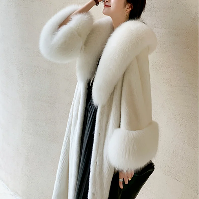 Winter Warm Fur Collar Female Mink Coat New Korean Style Temperament Fashion Slim Long Fur Trim Coat Women Furry 2023