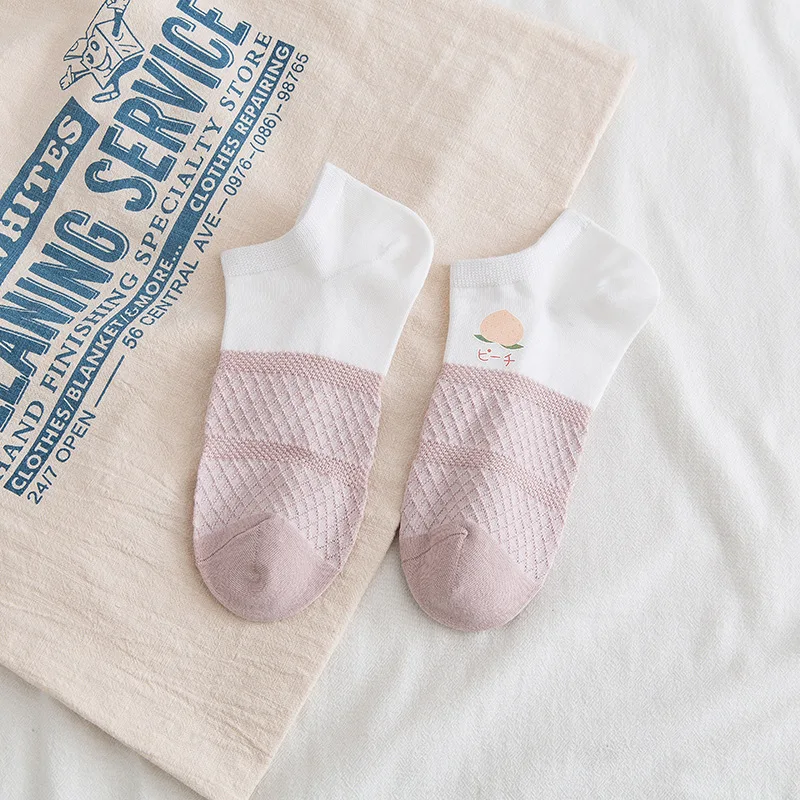 

10pairs/lot Spring New Product Ins Boat Sweet Pink Cartoon Peach Cotton Socks Slippers Harajuku Stripe Peach Splicing Lattice