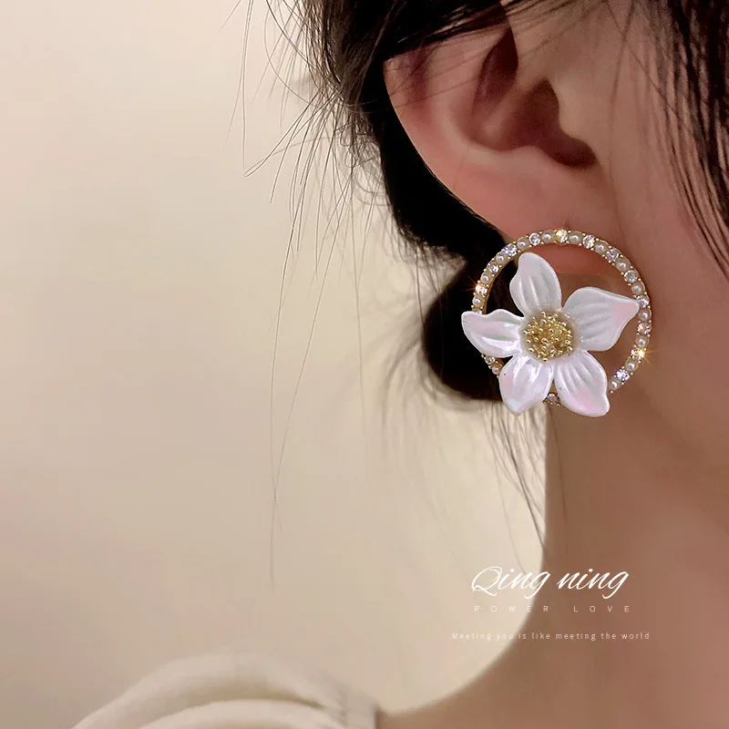 

925 silver needle fashion new personality pearl set diamond circle flower earrings earrings temperament earrings female