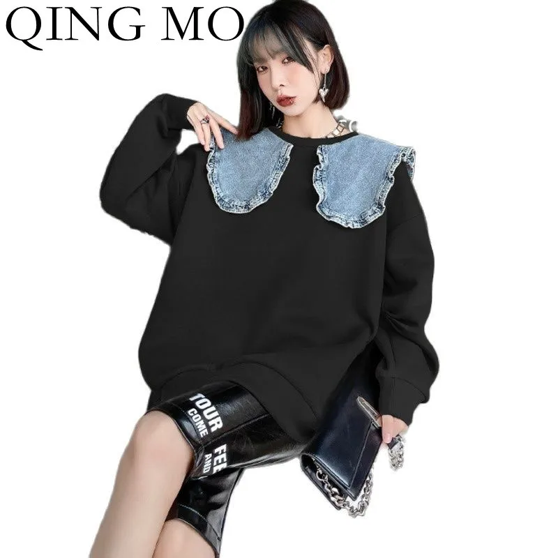 

QING MO Autumn Long Sleeved Denim Stitching Sweatshirt Women 2021 Fashion New Loose Fold Design Pullover Black Khaki ZWL1291