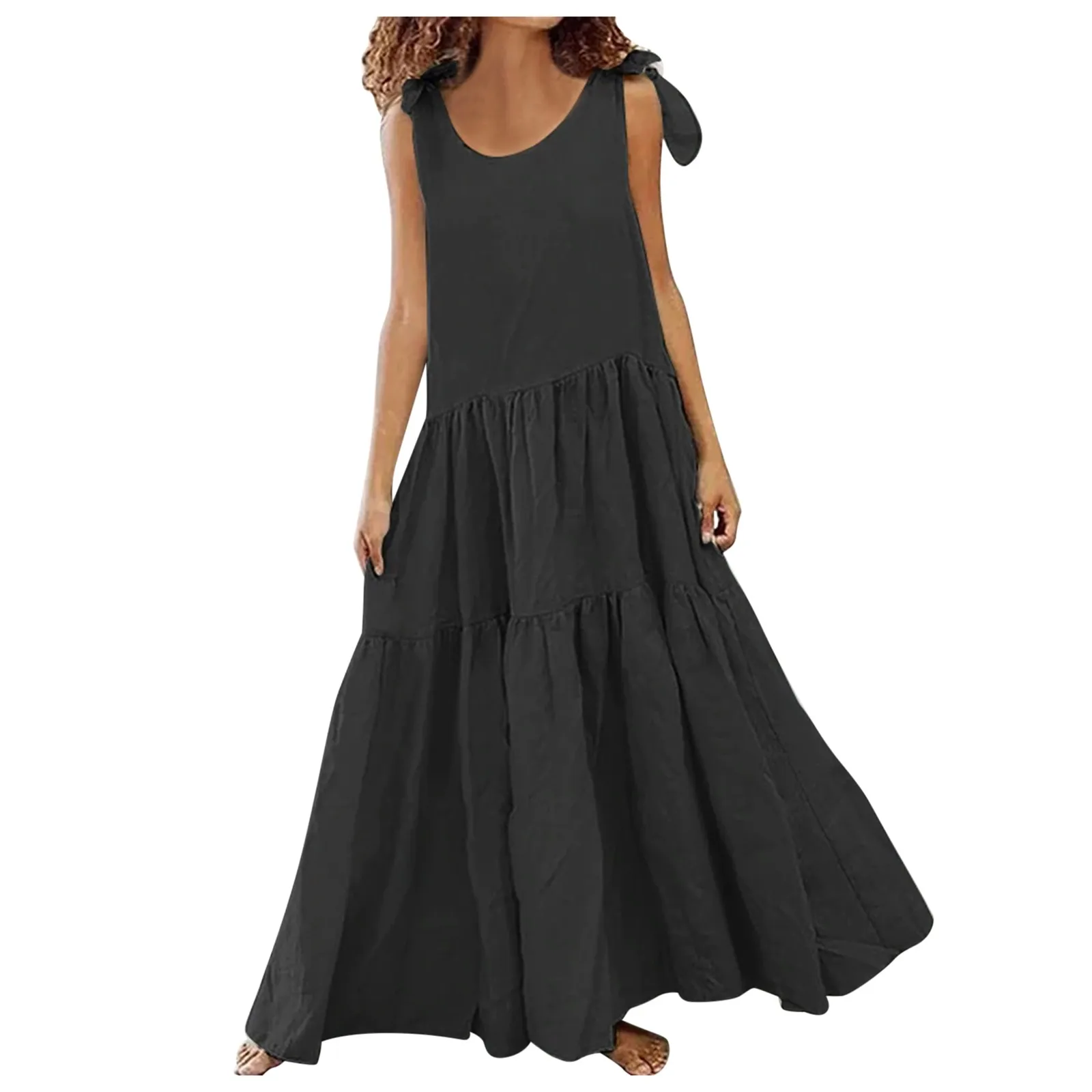

Summer Dresses for Women 2021 Casual Solid Strap Bow Dress Patchwork Loose O-Neck Long Dress Sexy Plus Size Women Clothing