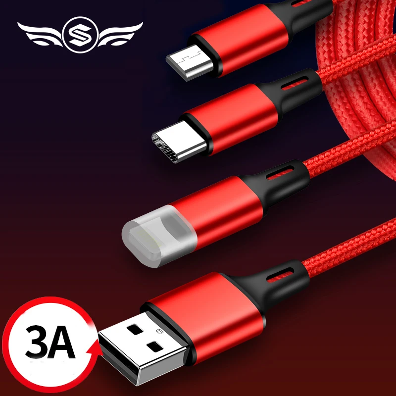 Быстрая зарядка 3 в 1 8Pin usb type C Micro USB кабель для iPhone 8X7 6 6S Plus samsung Nokia USB кабели Нейлоновый Шнур Универсальный