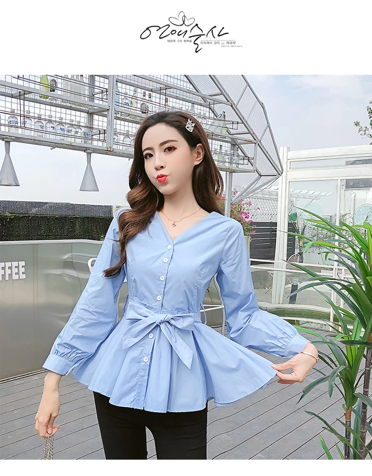 Женские рубашки с баской и длинным рукавом 2019 женские бантом на талии оборками
