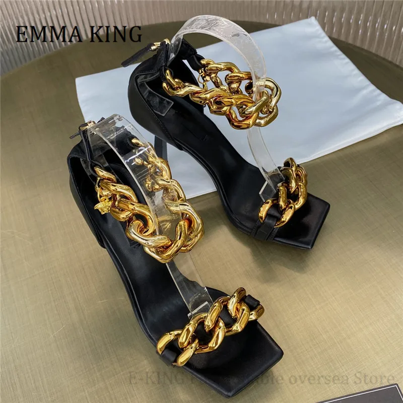 

2021 Summer Women Square Toe Sandals Golden Ankle Chain Decor Nature Leather Sandals Sexy Prom Wedding Women Sandalias De Mujer