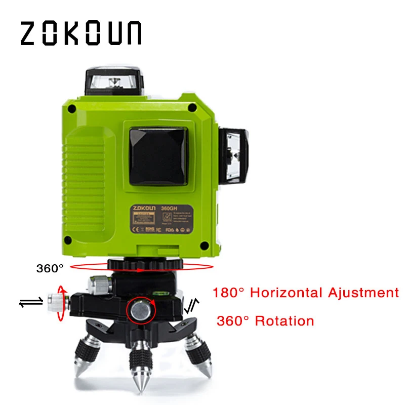 Zokoun CE сертифицированный 3x360 зеленый лазерный уровень линий с батареей 5200 мАч и горизонтальными и вертикальными линиями, работающими отдельно