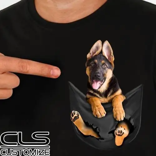 Немецкая овчарка с карманом черная хлопковая футболка для влюбленных собак