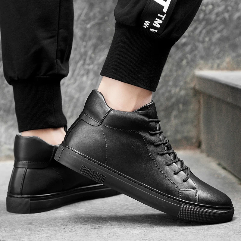 2019 autumn winter fashion men's shoes casual genuine leather male flats sneakers black high top shoe man platform for men |