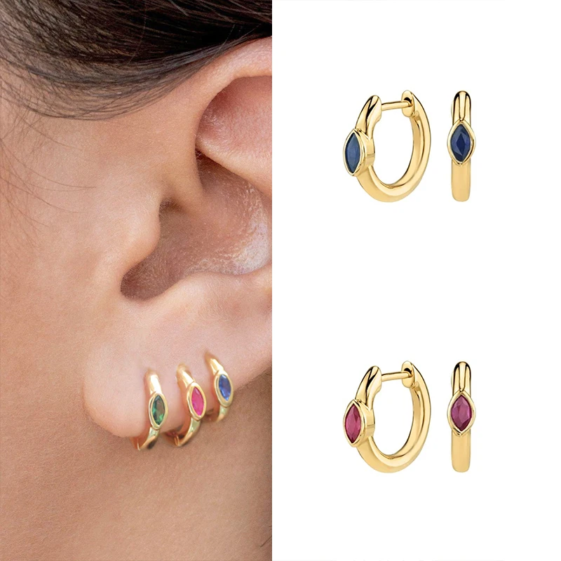 

100% 925 Sterling Silver Colorful Zircon CZ mini Hoops Circle Earring Round Piercing Pendiente Climber European Jewelry A40