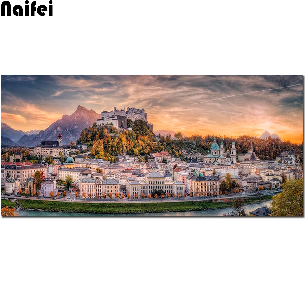 Алмазная картина Стразы 5D с изображением города большого Зальцбург осенних