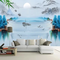 custom self adhesive wallpaper chinese style creative ink landscape bird blue abstract background decorative painting 3d murals