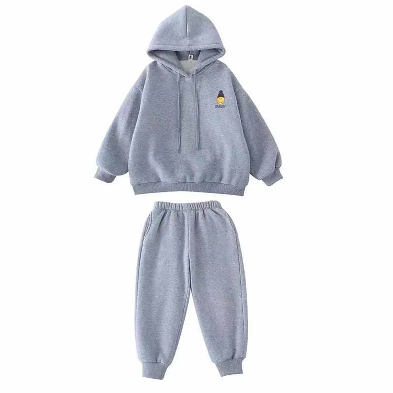 

Детский спортивный костюм для девочек, зимний свитер с бархатной подкладкой и штаны с капюшоном и улыбающимся принтом, повседневный спорти...