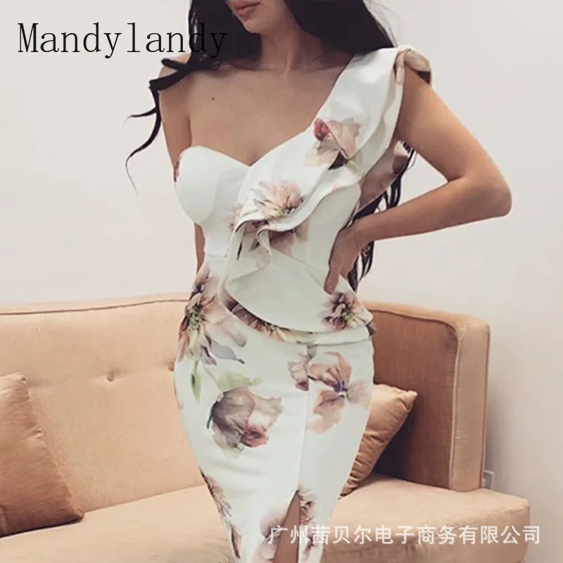 

Летнее сексуальное платье Mandylandy с оборками на одно плечо, без бретелек, с высокой талией, женское повседневное облегающее платье с принтом и...