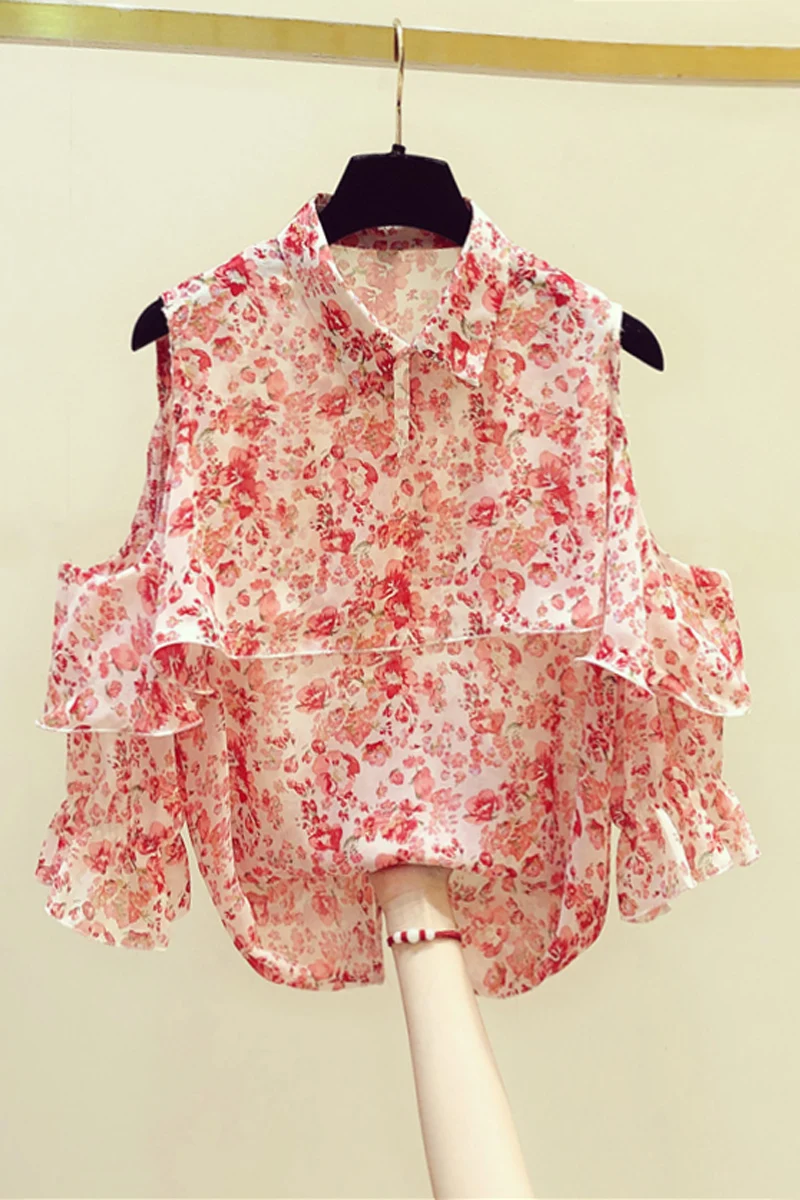 

Elegant Ruffled Stitching Floral Chiffon Shirt for Women 2021 Summer Fashion Clothing Sexy Off-Shoulder Long Sleeve Blouse Tops