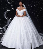 arabic dubai v neck off the shoulder lace applique crystal beaded satin ball gown wedding dresses bridal dress