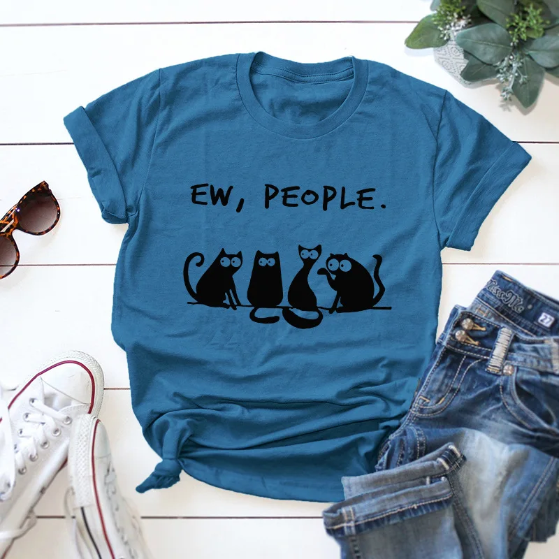 

Plus Size 100% Cotton Women Tops Letter Ew People Cute Cats Print Summer Women Tshirt Hipster Harajuku Graphic Tee Loose Shirt