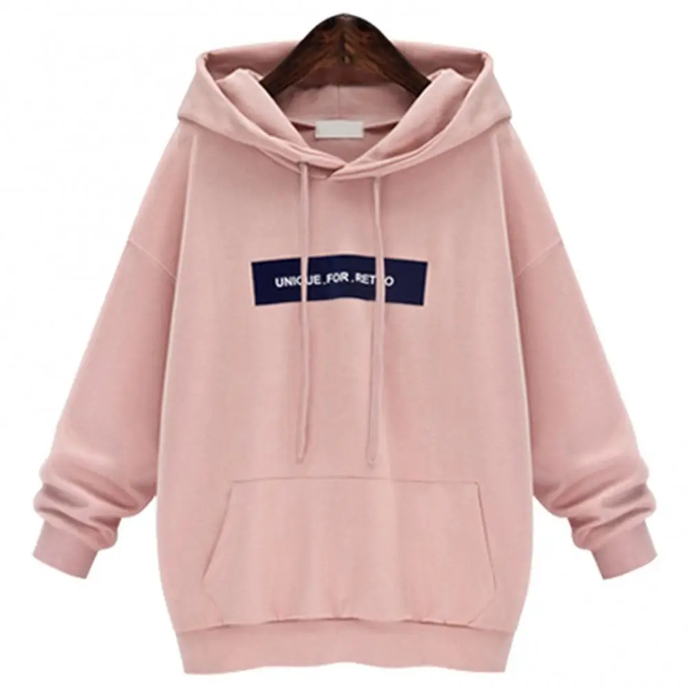 Women Long Sleeve Pocket Letters Print Plush Harajuku Korean Hoodie Autumn Winter Oversized Sweatshirt with A Hood Hoodies