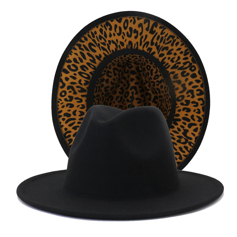 

2022 Wide Brim Leopard Red Bottom Fedora Ladies Wool Felt Hat Women Men Party Trilby Jazz Church Hats Patchwork Panama Cap