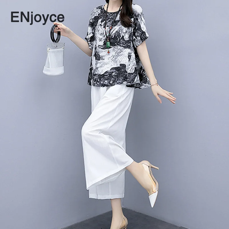 

Chinese Style Ink Print Linen Vintage Women 2 Piece Sets Tops High Waist Loose Pants Casual Mom Clothes Suits Set 3xl Plus Size