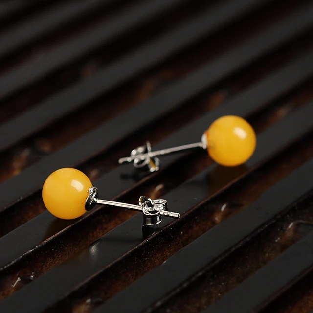 925 Серебряный набор Натуральный Янтарный шар серьги гвоздики желтый медовый воск