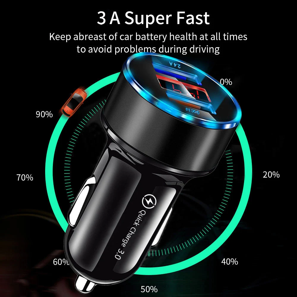 Quick Charge 3.0 2.0 Dual USB Car Charger For iPhone XR 7 Samsung QC Phone Adapter LED Car-Charger Xiaomi Huawei | Мобильные