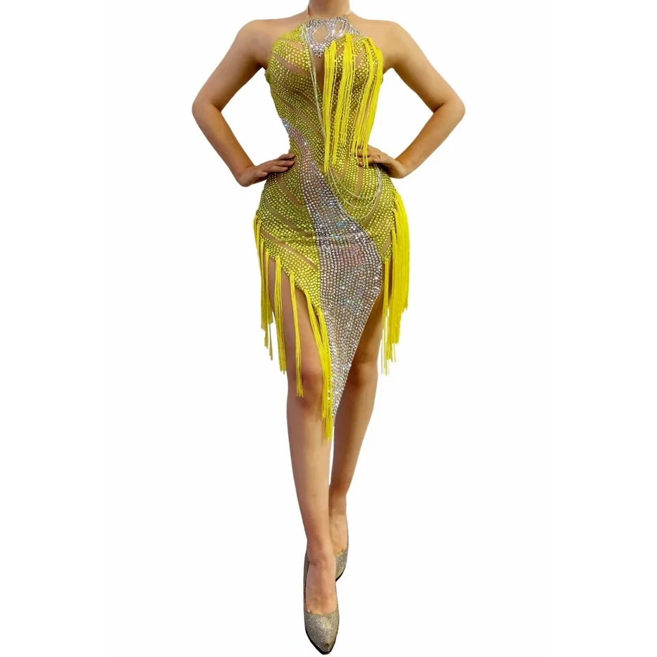 

Sparkly Yellow Tassel Rhinestone Mesh Dress Female Singer See Through Dance Costume Transparent Birthday Celebrate Fringes Dress