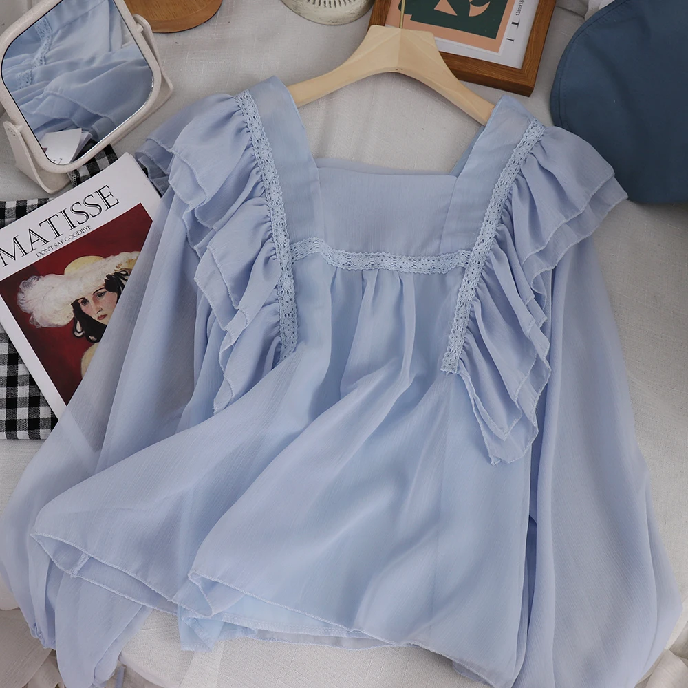 

Office Lady Elegant Retro Sweet Square Collar Ruffles Patchwork Shirt Loose Slimming Lace Up Lantern Sleeves Solid Color Blouse