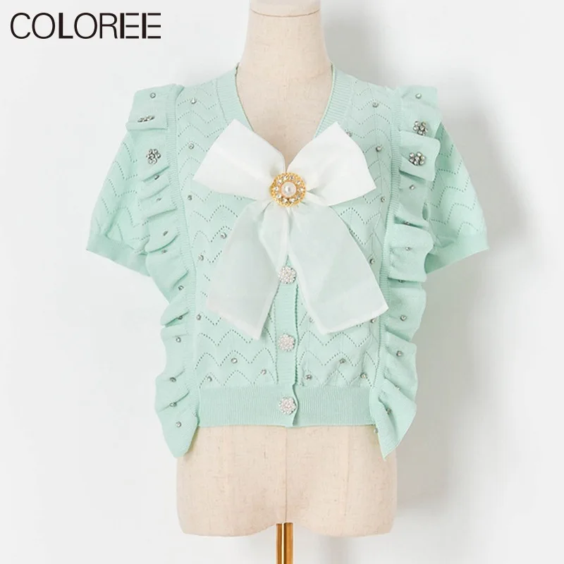 

Женский трикотажный кардиган с бантом, Элегантный дизайнерский белый/зеленый свитер с коротким рукавом, лето 2021