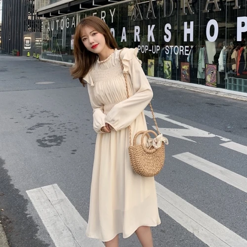 

2020 New Spring Women O Neck Puff Sleeve Slim Dress Female Solid High Waist Sweet Dress Ladys Ruffles Casual Dresses