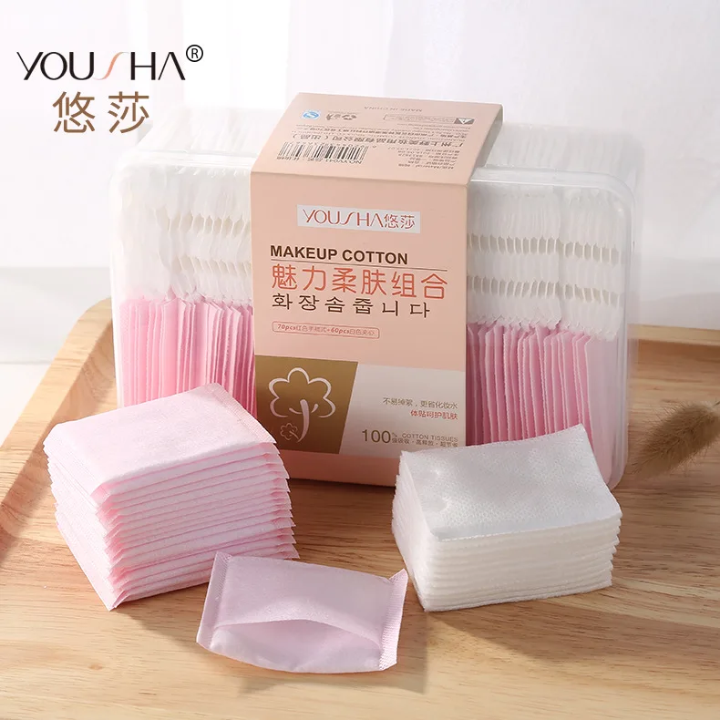 

60 PCs Double-Sided Filling Thick Cotton Puff + 70 piece of hand Block Facial Wipe Boxed Puff Combination