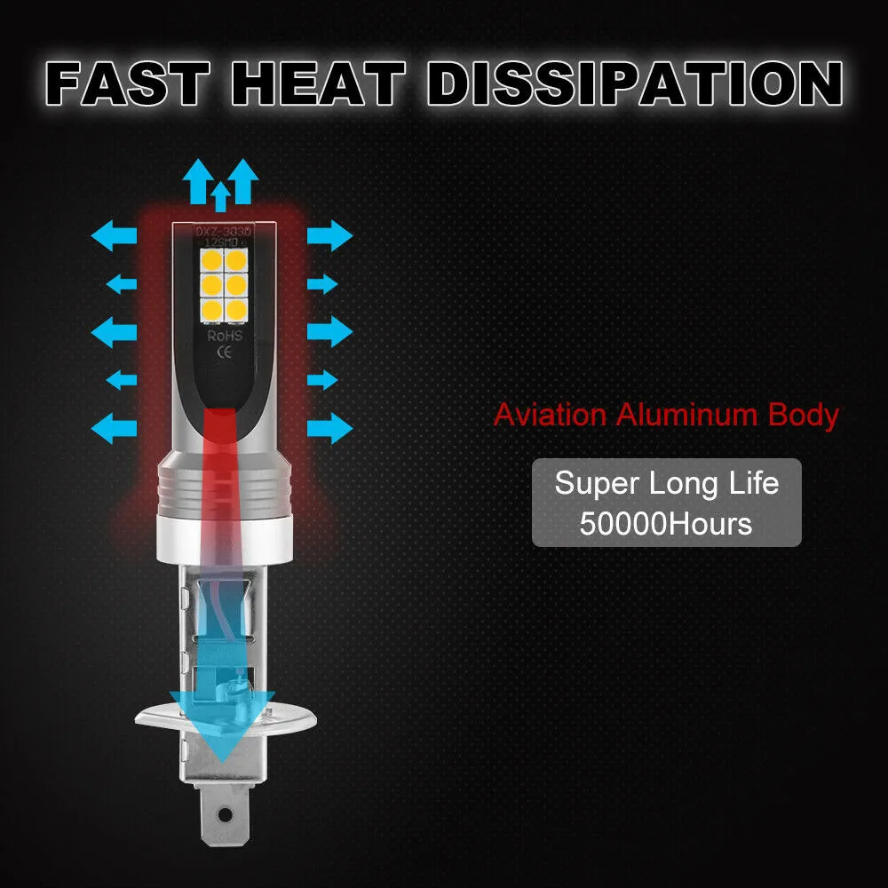 

12V-24V DC LED Light Bulbs 200W 12000LM Driving DRL Easy Installation Fog 3000K H1 LED